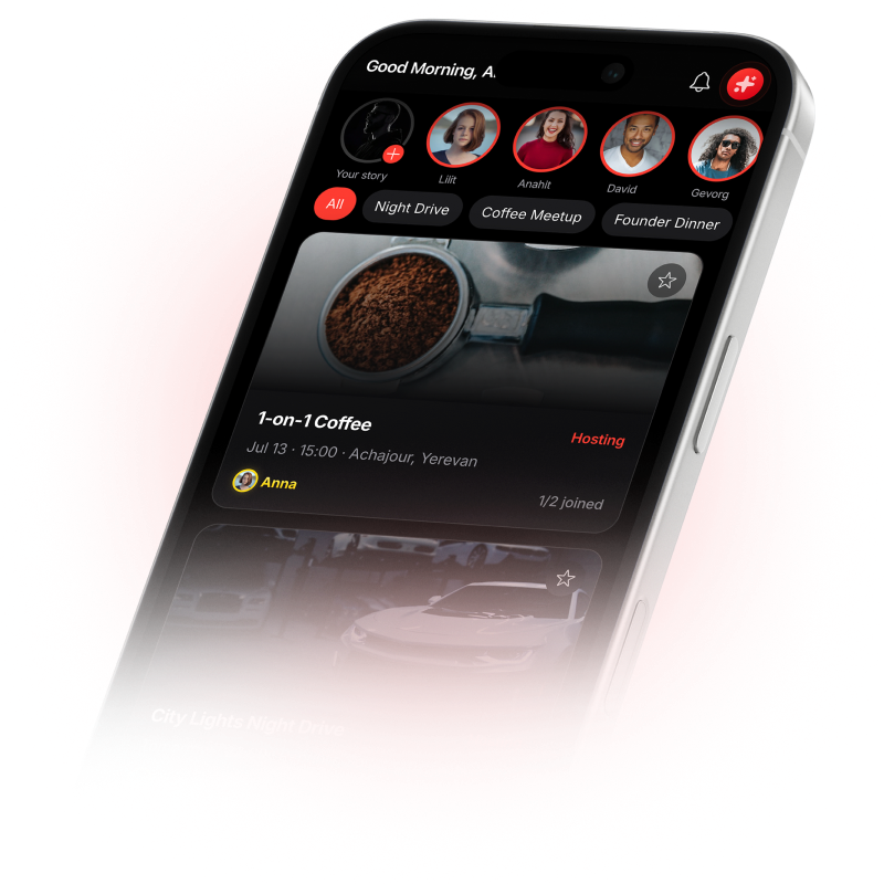 Busy People app on iPhone — events feed